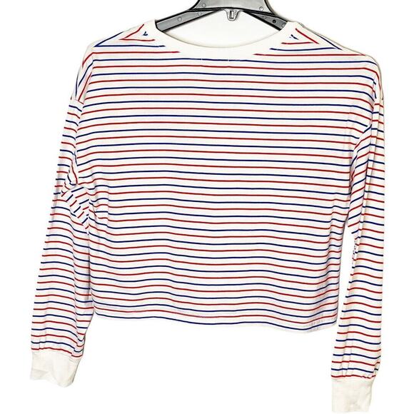 Forever 21 Striped V Neck Long Sleeve relaxed Crop T shirt White red sz m - Picture 2 of 7
